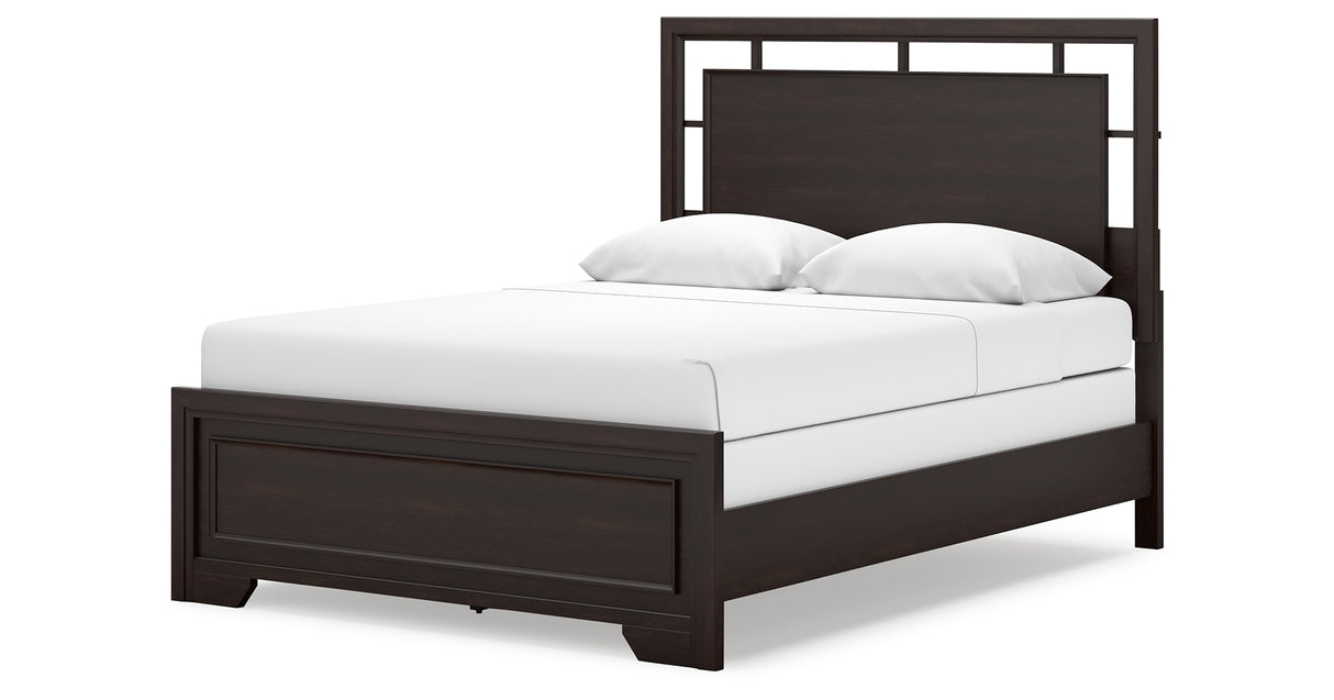 Covetown Queen Panel Bed with Mirrored Dresser and Nightstand in Dark Brown from Ashley Furniture - Luna Furniture