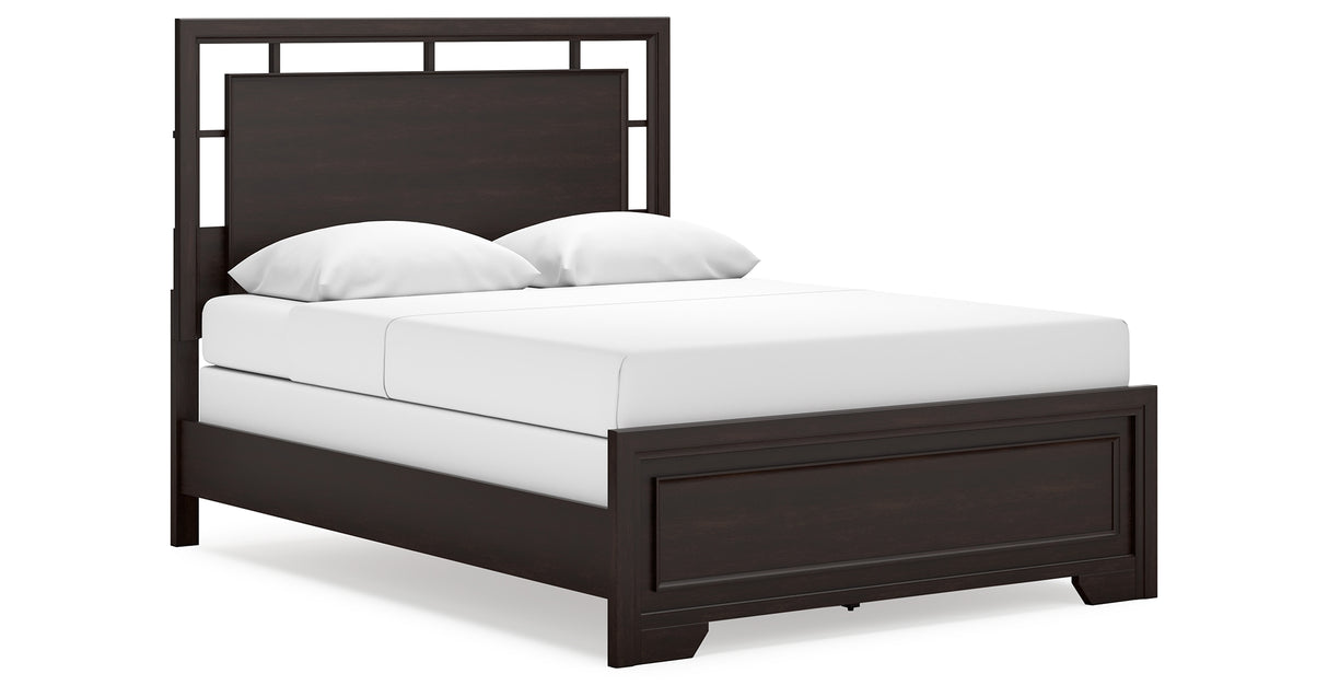Covetown Queen Panel Bed with Mirrored Dresser and Nightstand in Dark Brown from Ashley Furniture - Luna Furniture