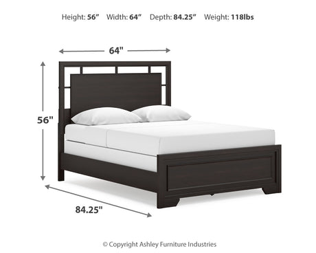 Covetown Queen Panel Bed with Mirrored Dresser in Dark Brown from Ashley Furniture - Luna Furniture