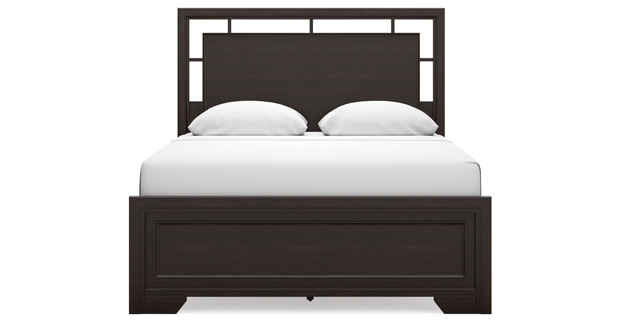 Covetown Queen Panel Bed with Mirrored Dresser and Nightstand in Dark Brown from Ashley Furniture - Luna Furniture