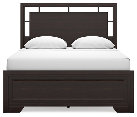 Covetown Queen Panel Bed with Mirrored Dresser in Dark Brown from Ashley Furniture - Luna Furniture