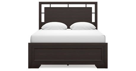 Covetown Queen Panel Bed with Mirrored Dresser, Chest and 2 Nightstands in Dark Brown from Ashley Furniture - Luna Furniture