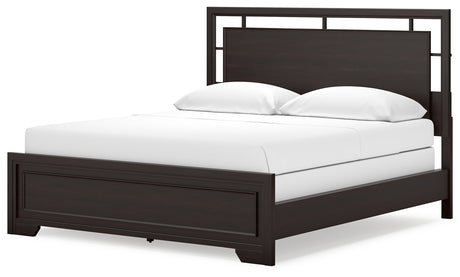 Covetown California King Panel Bed with Mirrored Dresser in Dark Brown from Ashley - Luna Furniture
