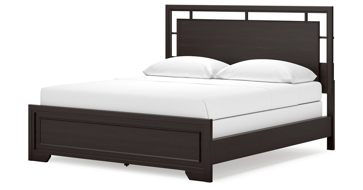 Covetown California King Panel Bed with Mirrored Dresser, Chest and 2 Nightstands in Dark Brown from Ashley Furniture - Luna Furniture