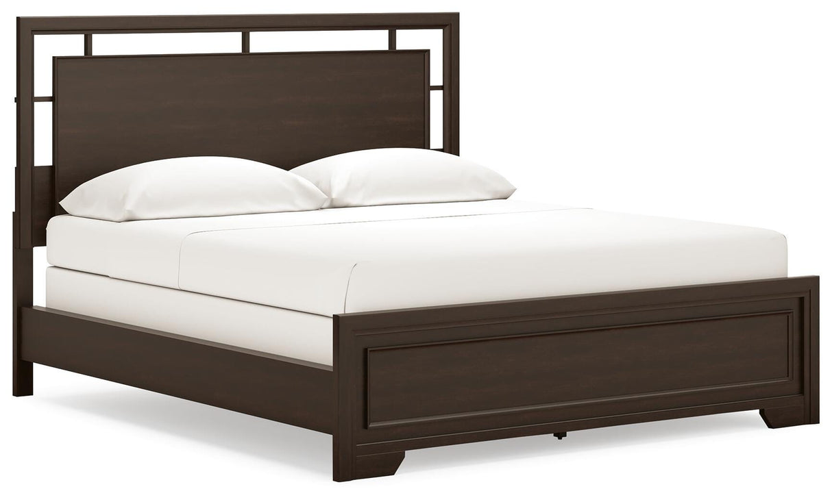Covetown California King Panel Bed with Mirrored Dresser in Dark Brown from Ashley Furniture - Luna Furniture