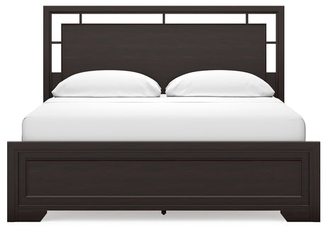 Covetown California King Panel Bed with Mirrored Dresser in Dark Brown from Ashley - Luna Furniture