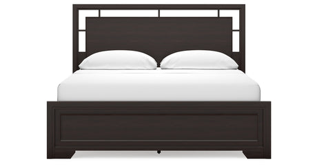 Covetown California King Panel Bed with Mirrored Dresser and Nightstand in Dark Brown from Ashley Furniture - Luna Furniture