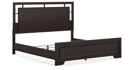Covetown King Panel Bed with Mirrored Dresser, Chest and 2 Nightstands in Dark Brown from Ashley Furniture - Luna Furniture