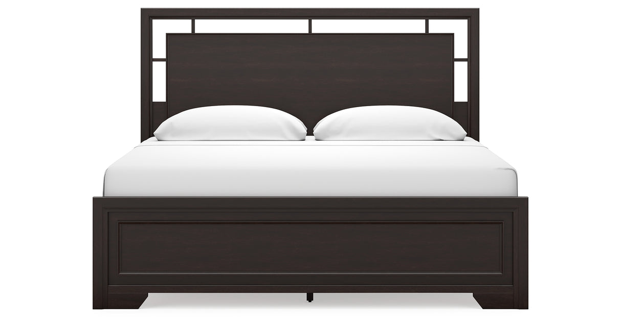 Covetown King Panel Bed with Mirrored Dresser and Nightstand in Dark Brown from Ashley - Luna Furniture