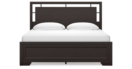 Covetown King Panel Bed with Mirrored Dresser, Chest and Nightstand in Dark Brown from Ashley Furniture - Luna Furniture