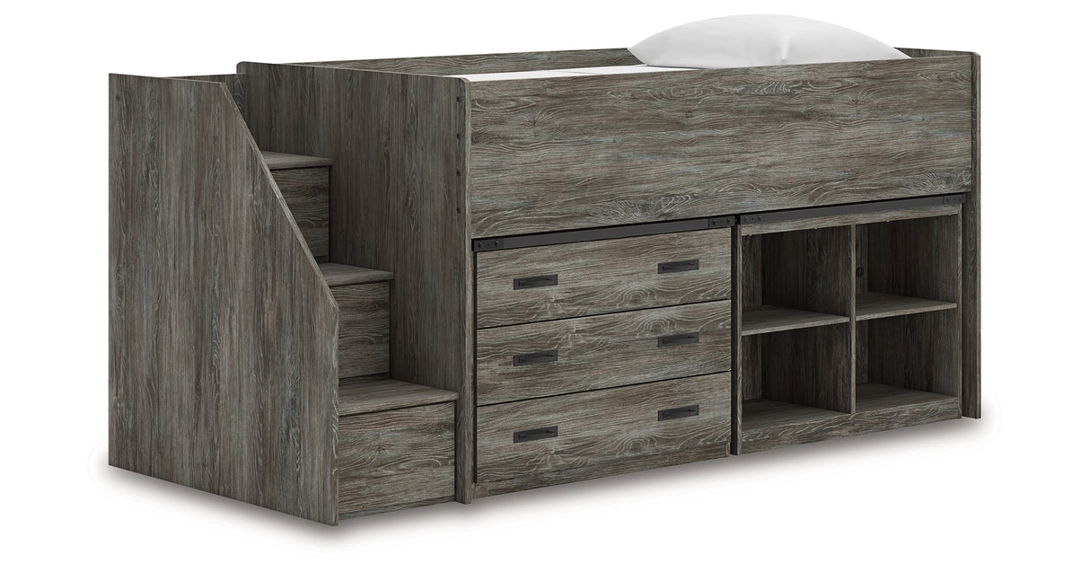 Frandern Gray Twin Loft Bed with Bookcase and Drawer Storage from Ashley - Luna Furniture