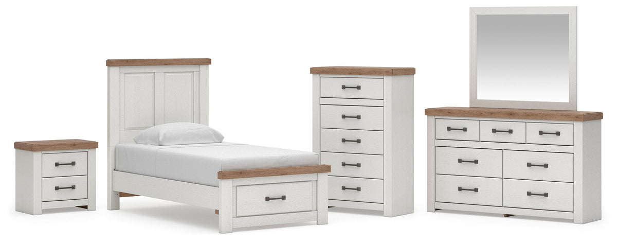 Savonport White/Brown Twin Panel Storage Bed, Dresser, Mirror and Chest with Nightstand from Ashley - Luna Furniture