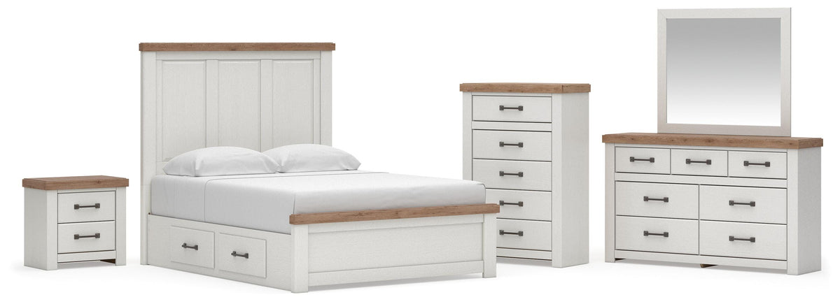 Savonport White/Brown Queen Panel Storage Bed, Dresser, Mirror and Chest with Nightstand from Ashley - Luna Furniture