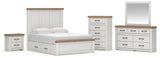 Savonport White/Brown Queen Panel Storage Bed, Dresser, Mirror and Chest with Nightstand from Ashley - Luna Furniture