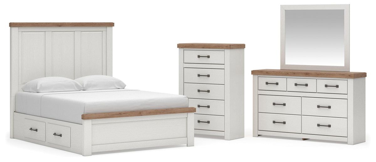 Savonport White/Brown Queen Panel Storage Bed, Dresser and Mirror with Chest from Ashley - Luna Furniture