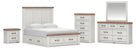 Savonport White/Brown King Panel Storage Bed, Dresser, Mirror and Chest with Nightstand from Ashley - Luna Furniture