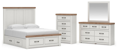 Savonport White/Brown Queen Panel Storage Bed, Dresser and Mirror with Chest from Ashley - Luna Furniture