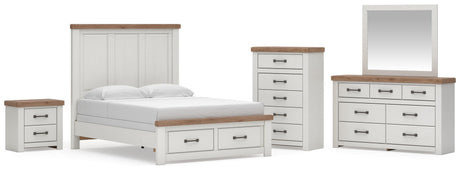 Savonport White/Brown Queen Storage Panel Bed, Dresser, Mirror, Chest and Nightstand from Ashley - Luna Furniture