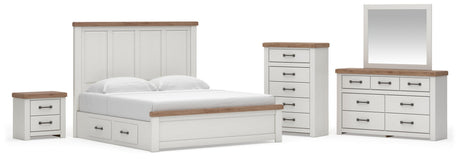 Savonport White/Brown King Panel Storage Bed, Dresser, Mirror and Chest with Nightstand from Ashley - Luna Furniture