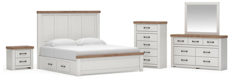 Savonport White/Brown King Panel Storage Bed, Dresser, Mirror and Chest with Nightstand from Ashley - Luna Furniture