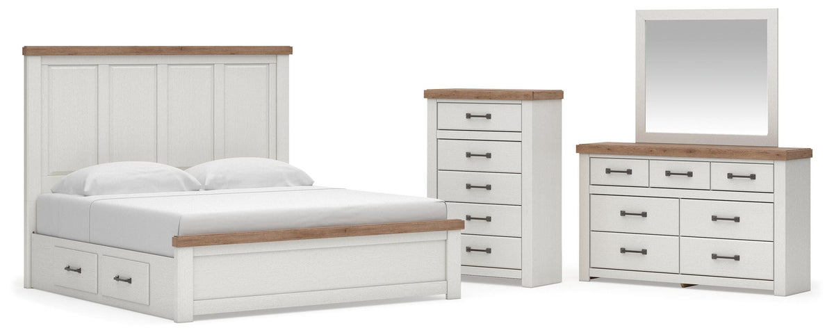 Savonport White/Brown King Panel Storage Bed, Dresser and Mirror with Chest from Ashley - Luna Furniture