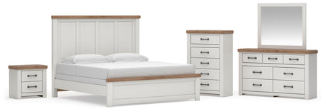 Savonport White/Brown King Panel Bed, Nightstand, Dresser, Mirror and Chest from Ashley - Luna Furniture