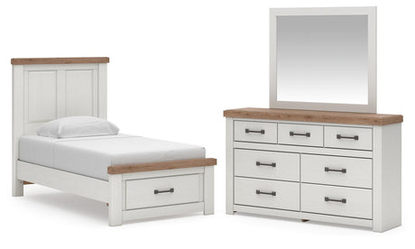 Savonport White/Brown Twin Panel Storage Bed, Dresser and Mirror from Ashley - Luna Furniture