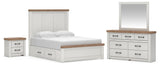 Savonport White/Brown Queen Panel Storage Bed, Dresser and Mirror with Nightstand from Ashley - Luna Furniture