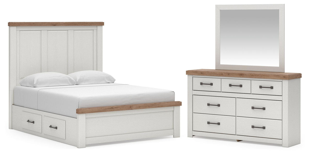 Savonport White/Brown Queen Panel Storage Bed, Dresser and Mirror from Ashley - Luna Furniture