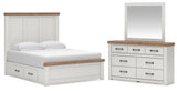 Savonport White/Brown Queen Panel Storage Bed, Dresser and Mirror from Ashley - Luna Furniture