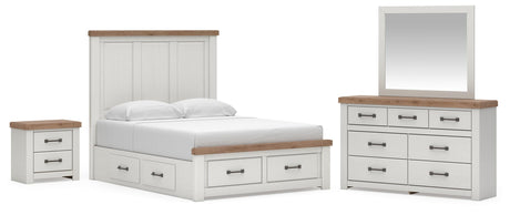 Savonport White/Brown Queen Panel Storage Bed, Dresser and Mirror with Nightstand from Ashley - Luna Furniture