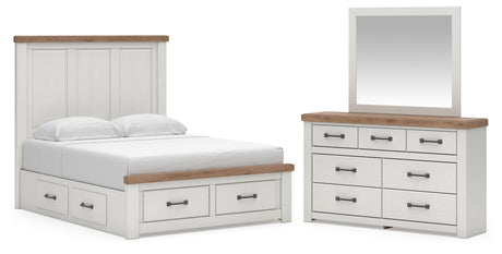 Savonport White/Brown Queen Panel Storage Bed, Dresser and Mirror from Ashley - Luna Furniture