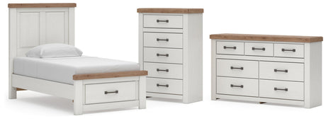 Savonport White/Brown Twin Panel Storage Bed, Dresser, Mirror and Chest from Ashley - Luna Furniture