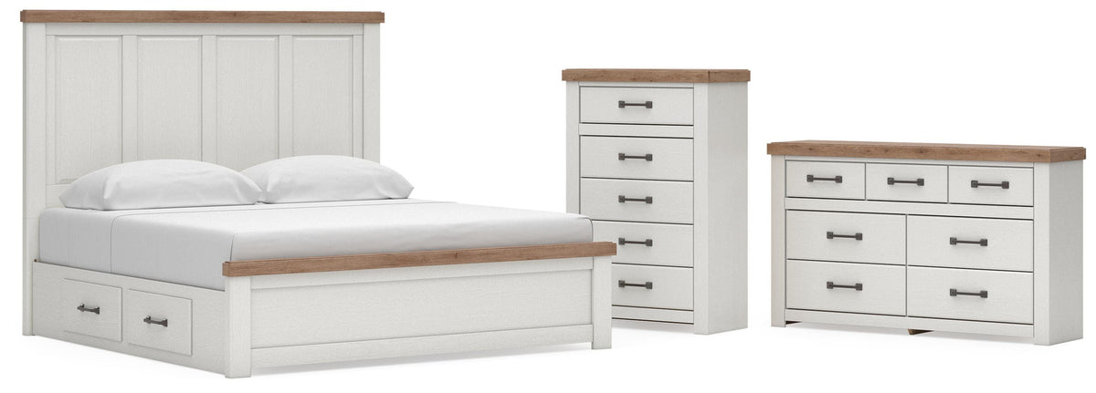 Savonport White/Brown King Panel Storage Bed, Dresser and Chest from Ashley - Luna Furniture