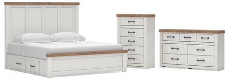 Savonport White/Brown King Panel Storage Bed, Dresser and Chest from Ashley - Luna Furniture