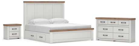 Savonport White/Brown King Panel Storage Bed, Dresser and Nightstand from Ashley - Luna Furniture