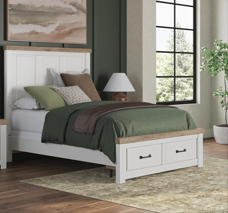 Savonport White/Brown Queen Panel Storage Bed, Dresser and Mirror from Ashley - Luna Furniture