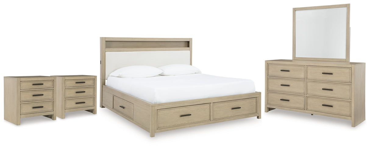 Calmoro Gray King Bookcase Bed with Mirrored Dresser and 2 Nightstands from Ashley Furniture - Luna Furniture