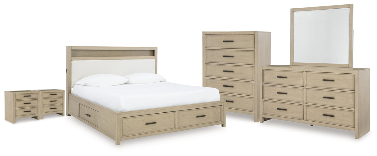Calmoro Gray King Bookcase Bed with Mirrored Dresser, Chest and 2 Nightstands from Ashley - Luna Furniture
