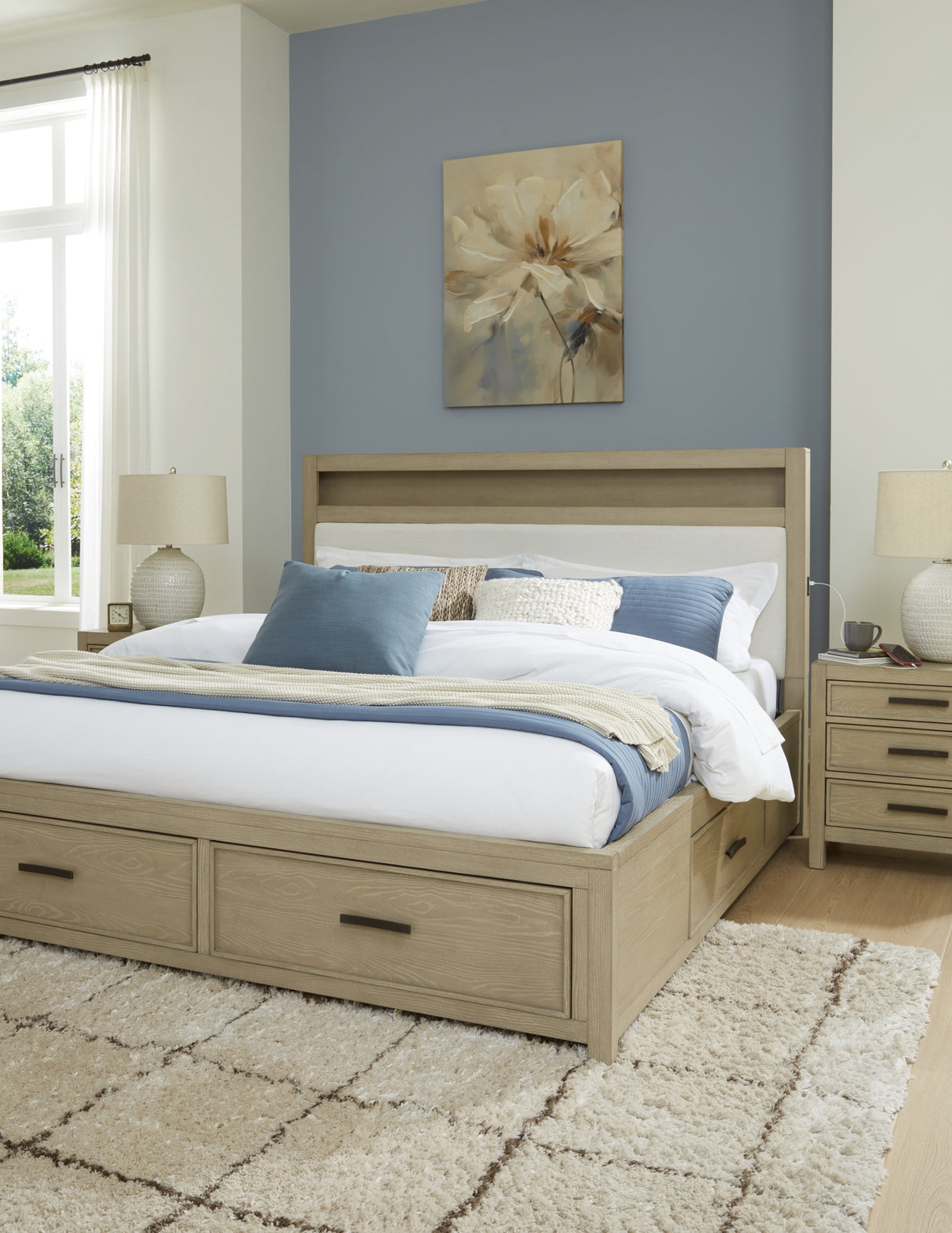 Calmoro Gray King Bookcase Bed with Mirrored Dresser and 2 Nightstands from Ashley Furniture - Luna Furniture