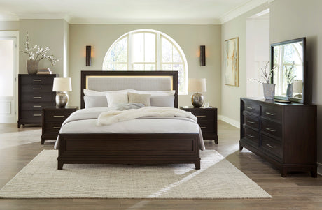 Neymorton Dark Grayish Brown Upholstered Panel Bedroom Set from Ashley - Luna Furniture