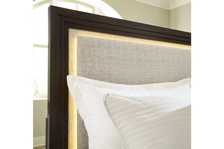 Neymorton Dark Grayish Brown Upholstered Panel Bedroom Set from Ashley - Luna Furniture