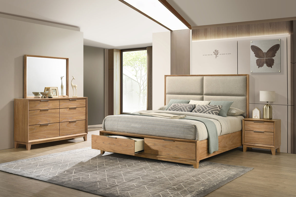 Florian Natural Wood Upholstered Queen Storage Platform Bed from Crown Mark - Luna Furniture