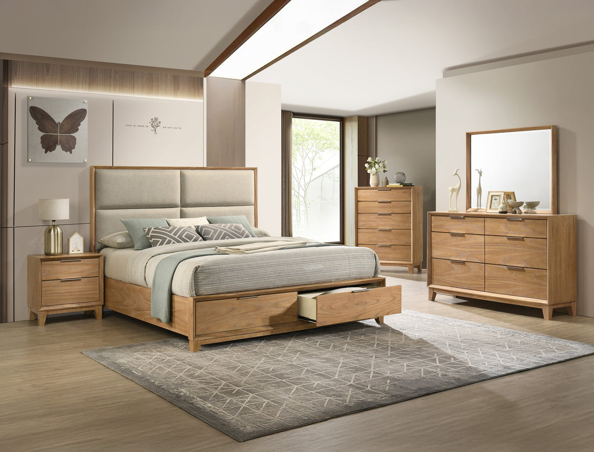 Florian Natural Wood Upholstered Queen Storage Platform Bed from Crown Mark - Luna Furniture