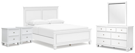 Fortman Queen Panel Bed with Mirrored Dresser and 2 Nightstands in White from Ashley - Luna Furniture
