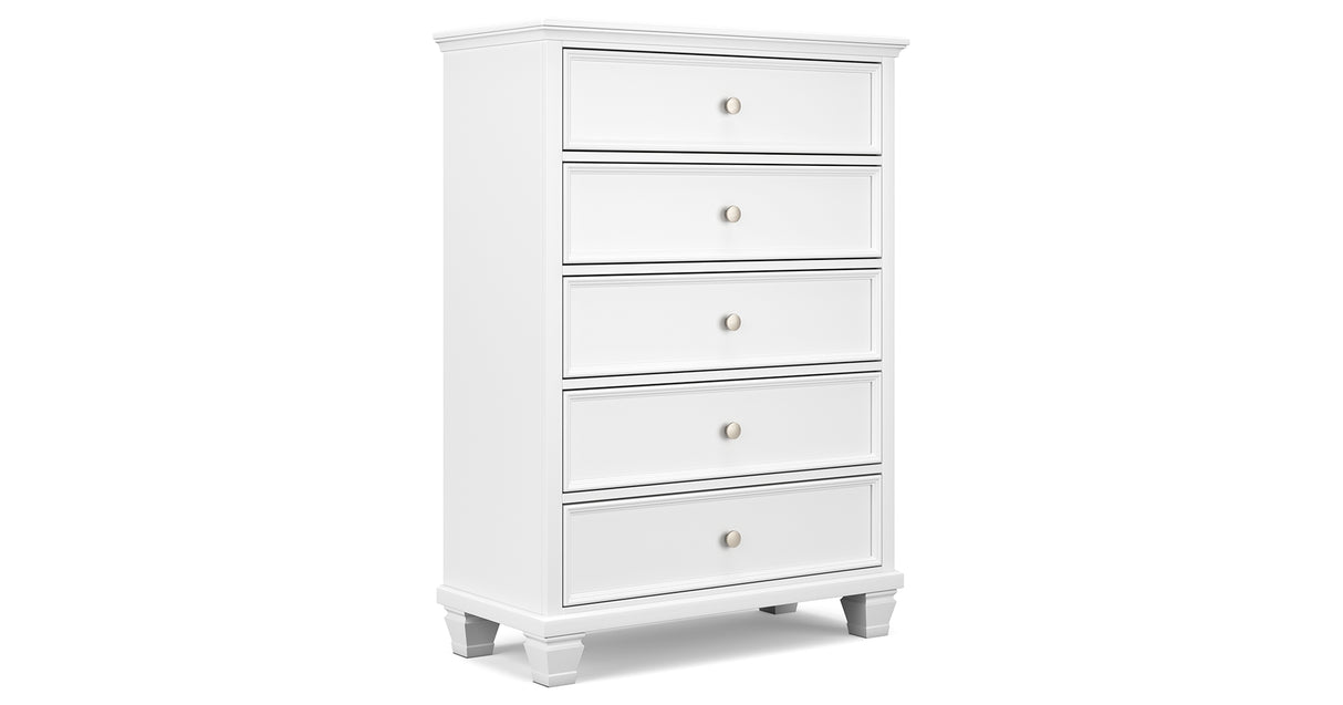 Fortman Queen Panel Bed with Mirrored Dresser and Chest in White from Ashley Furniture - Luna Furniture