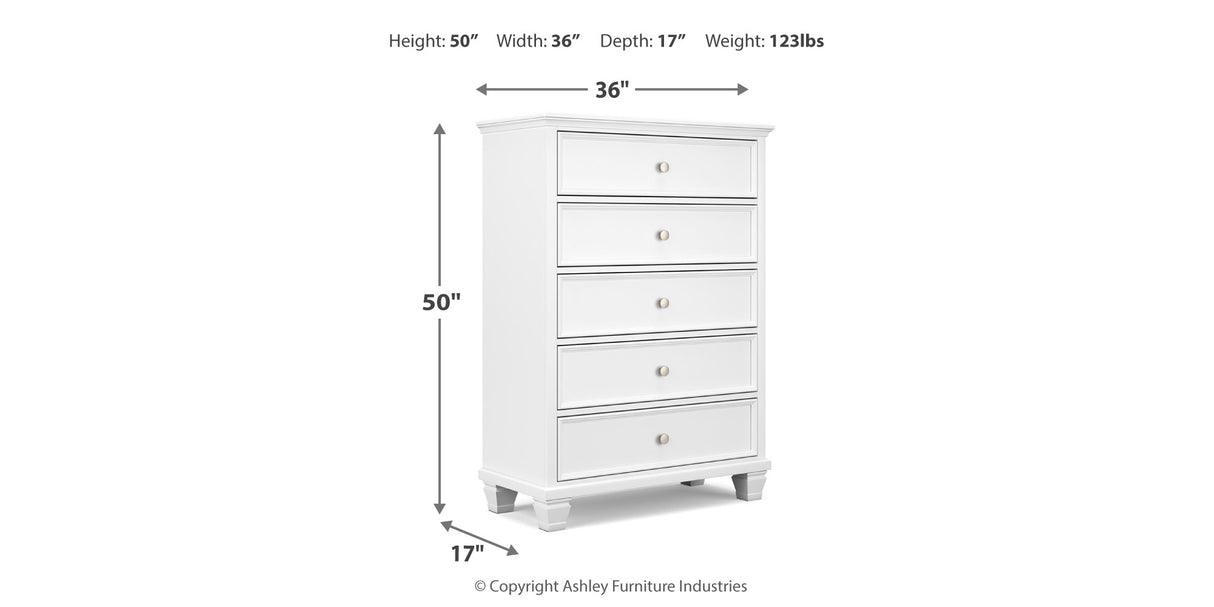 Fortman Queen Panel Bed with Mirrored Dresser and Chest in White from Ashley Furniture - Luna Furniture