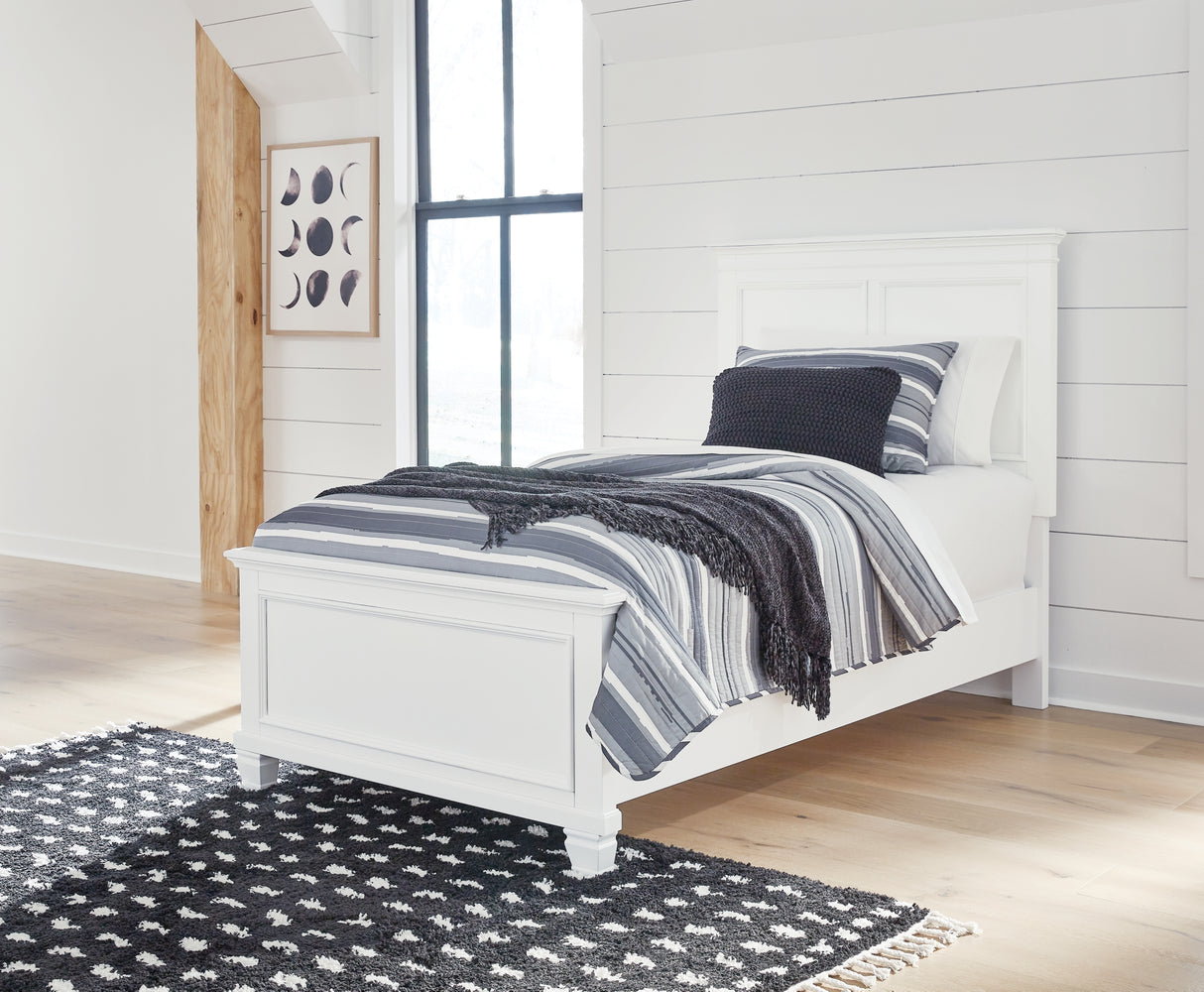 Fortman Twin Panel Bed with Mirrored Dresser and Chest in White from Ashley Furniture - Luna Furniture