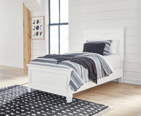 Fortman Twin Panel Bed with Mirrored Dresser and Chest in White from Ashley - Luna Furniture