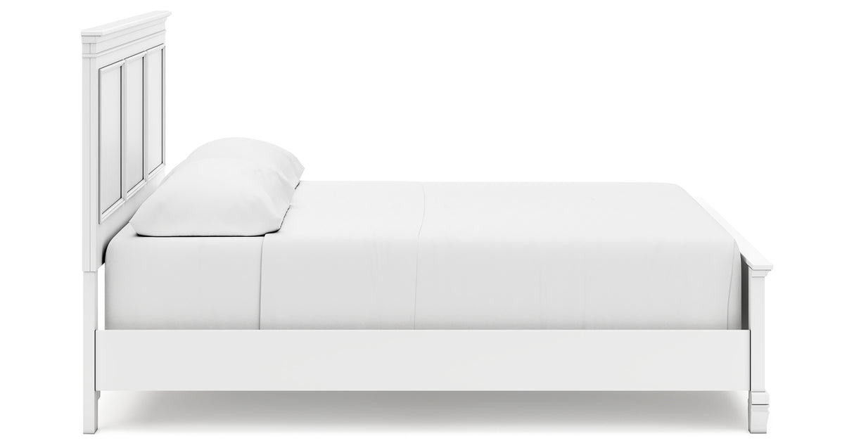 Fortman California King Panel Bed with Mirrored Dresser and Chest in White from Ashley Furniture - Luna Furniture